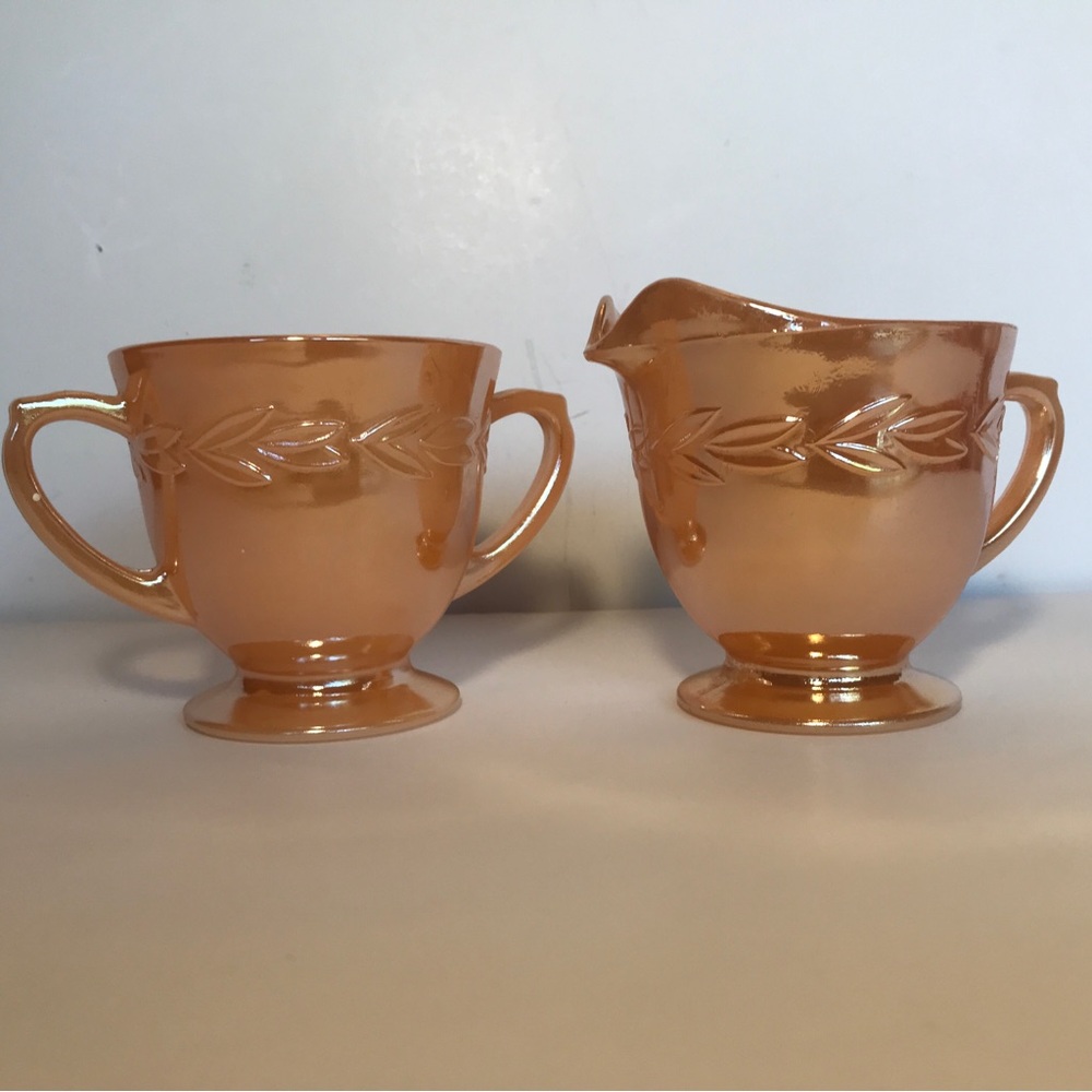 Vtg Fire King Peach Luster Marigold Matching Sugar Creamer Set MCM Made In USA